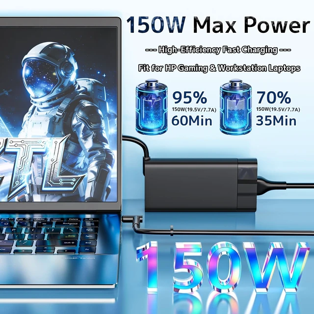 Alt view image 2 of 5 - 150W AC Adapter Fit for HP Victus ZBook OMEN Pavilion Gaming Laptop Charger