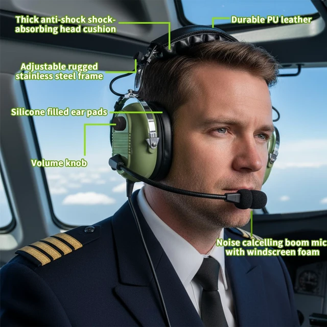 Alt view image 3 of 5 - WODASEN Aviation Pilot Headset for Students Flight School Passive Noise Canceling Aircraft Headphones with Boom Mic Volume Control Dual GA Plugs 24db Mono and Stereo Compatibility (Light-Green)