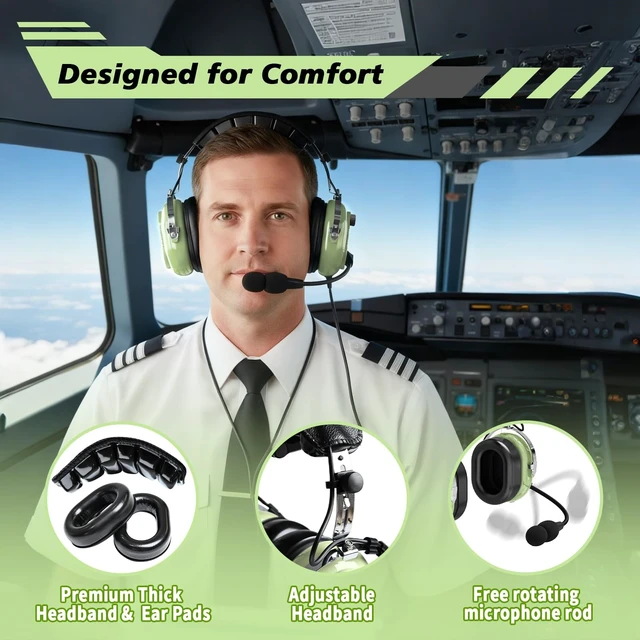Alt view image 4 of 5 - WODASEN Aviation Pilot Headset for Students Flight School Passive Noise Canceling Aircraft Headphones with Boom Mic Volume Control Dual GA Plugs 24db Mono and Stereo Compatibility (Light-Green)