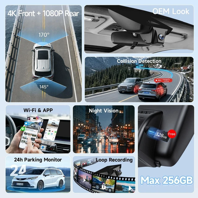 Alt view image 3 of 5 - 4K+1080P Dash Cam Front and Rear for Toyota Sienna Gen4 XL40 2021-2026
