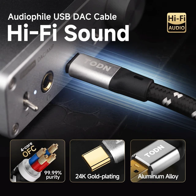 Alt view image 5 of 5 - TODN HiFi USB A to USB C Audio Cable 10ft 4-Core OFC Shielded for DAC