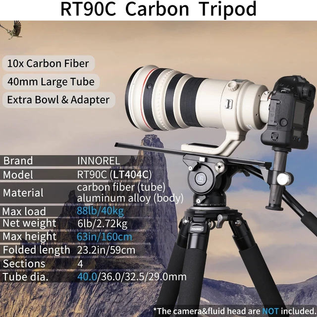 Alt view image 2 of 5 - Carbon Fiber Tripod INNOREL RT90C Bowl Tripods Professional Heavy Duty Camera Stand for DSLR Cameras Compatible with Ball Head and Fluid Head, 63 inch, 40mm Tube 40kg Load Black