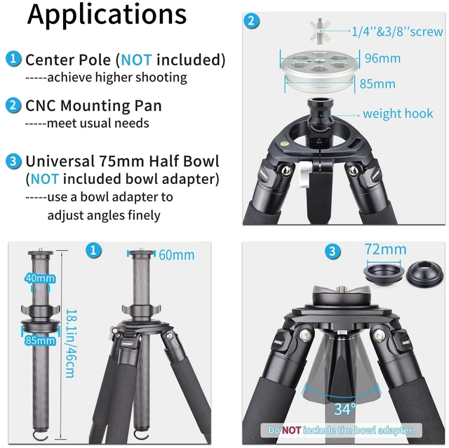 Alt view image 4 of 5 - Carbon Fiber Tripod INNOREL RT90C Bowl Tripods Professional Heavy Duty Camera Stand for DSLR Cameras Compatible with Ball Head and Fluid Head, 63 inch, 40mm Tube 40kg Load Black