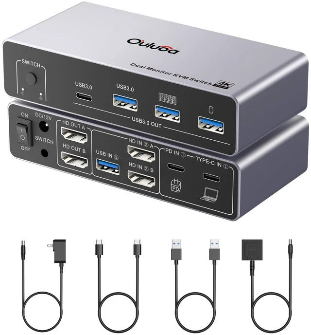 Main image of Ouluoa USB C Kvm Switch 2 Monitors 1 Desktop and 1 Laptop, Dual Monitor KVM Switch Docking Station, 4K@60Hz Expand 2 HDMI Displays,USB 3.0x3,USB C x1, PD 100W, Wired Remote and USB Cable Included