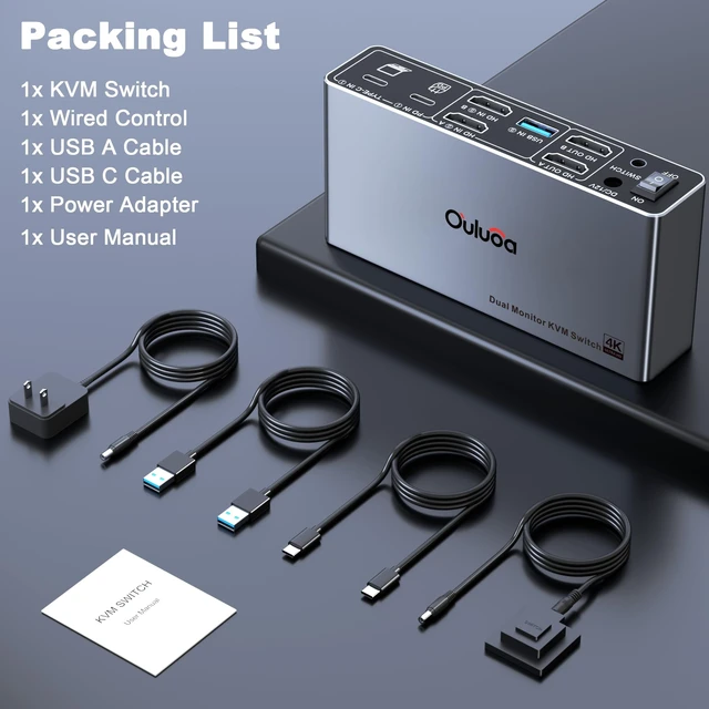 Alt view image 4 of 5 - Ouluoa USB C Kvm Switch 2 Monitors 1 Desktop and 1 Laptop, Dual Monitor KVM Switch Docking Station, 4K@60Hz Expand 2 HDMI Displays,USB 3.0x3,USB C x1, PD 100W, Wired Remote and USB Cable Included