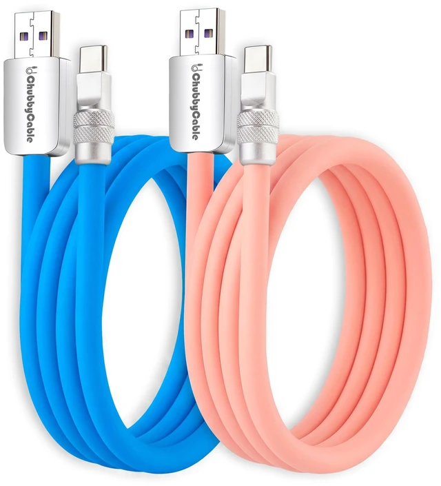 Main image of chubbycable 120W Silicone USB A to C Cable, 2 Pack, Blue+Pink, 13.1FT