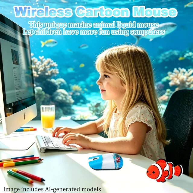 Alt view image 3 of 5 - Wireless Mouse Cute Retro Aqua Mouse, Silent Portable Lightweight Optical Clear Transparent Aesthetic Water Mice for PC Laptop MacBook, Boys Girls Kids Adults Gift with Floaters Animal (Clownfi