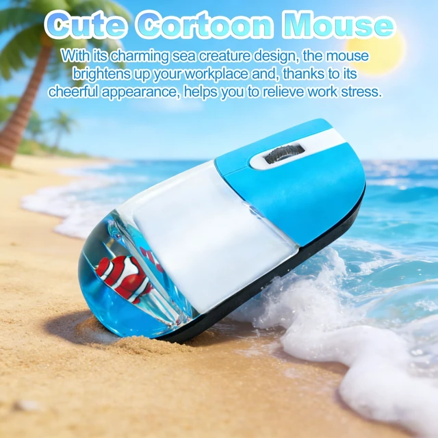 Alt view image 2 of 5 - Wireless Mouse Cute Retro Aqua Mouse, Silent Portable Lightweight Optical Clear Transparent Aesthetic Water Mice for PC Laptop MacBook, Boys Girls Kids Adults Gift with Floaters Animal (Clownfi