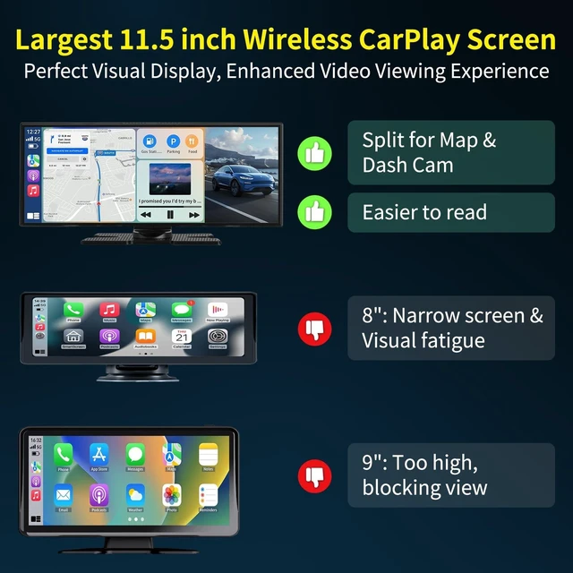Alt view image 3 of 5 - 2026 Largest 11.5 inch Portable CarPlay Screen for Car with 4K Dash Cam