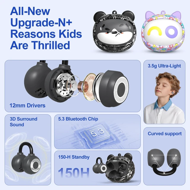 Alt view image 4 of 5 - QearFun Kids Bear Open Ear Earbuds with Rotatable Case, 85dB Safe Volume