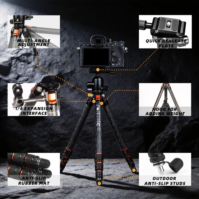 Alt view image 2 of 5 - BESENFOTO 59'' Carbon Fiber Tripod Lightweight Compact for Camera Phone