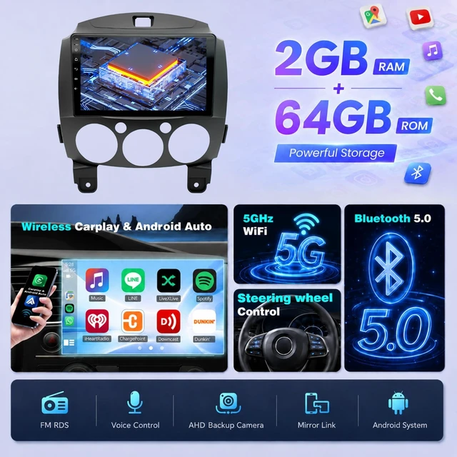 Alt view image 3 of 5 - Upgrcaru 4Core+64G Android Car Radio for Mazda 2 2007-2014 Carplay
