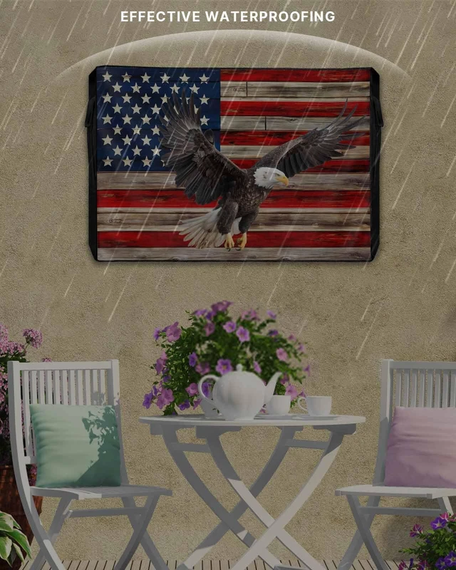 Alt view image 3 of 5 - Lsrtoss Retro American Flag Outdoor TV Cover 30-32 Inch Weatherproof, Eagle Outdoor TV Enclosure with Zipper & Roll Up Front Flap, Blue Red USA Flag Waterproof TV Covers for Outside Flat Screen TV