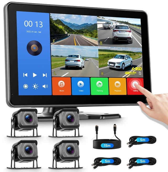 Main image of Driauto 4 Channel 10.1 Inch Backup Camera Systerm for RV, Blind Spot Detection Touch Screen Backup Camera for Trucks, Pickups, Cars, Trailer, Stable, Courtyard, Garage, Farm with 4 Wired Cameras