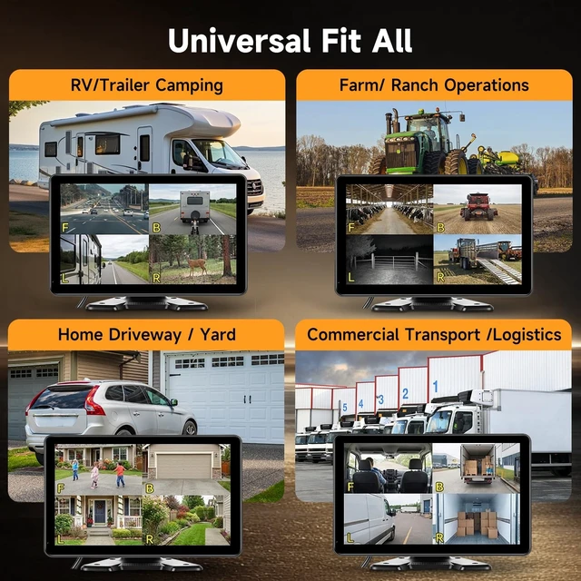 Alt view image 3 of 5 - Driauto 4 Channel 10.1 Inch Backup Camera Systerm for RV, Blind Spot Detection Touch Screen Backup Camera for Trucks, Pickups, Cars, Trailer, Stable, Courtyard, Garage, Farm with 4 Wired Cameras