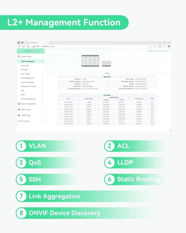 Alt view image 5 of 5 - LINOVISION Outdoor 8 Ports L2 PoE Switch with 2 SFP Uplinks