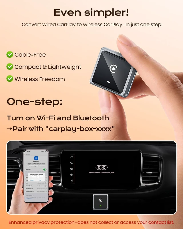 Alt view image 3 of 5 - Mini Wireless CarPlay Adapter for iPhone Apple, Converts Factory Wired CarPlay to Wireless, Fast Auto Connect, Low Latency, Plug & Play, Compatible with iOS 10+ & 2015+ Cars, USB-A/C, Gr