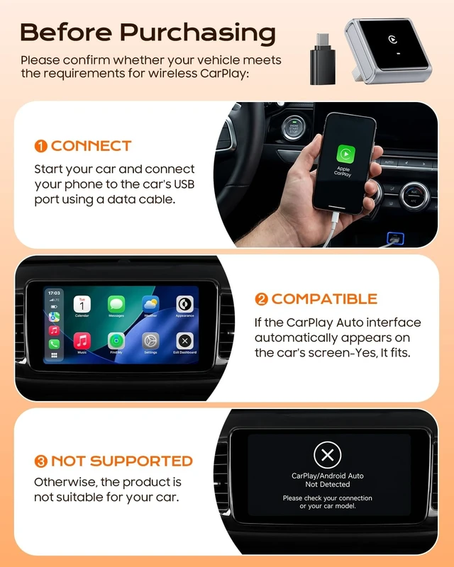 Alt view image 2 of 5 - Mini Wireless CarPlay Adapter for iPhone Apple, Converts Factory Wired CarPlay to Wireless, Fast Auto Connect, Low Latency, Plug & Play, Compatible with iOS 10+ & 2015+ Cars, USB-A/C, Gr