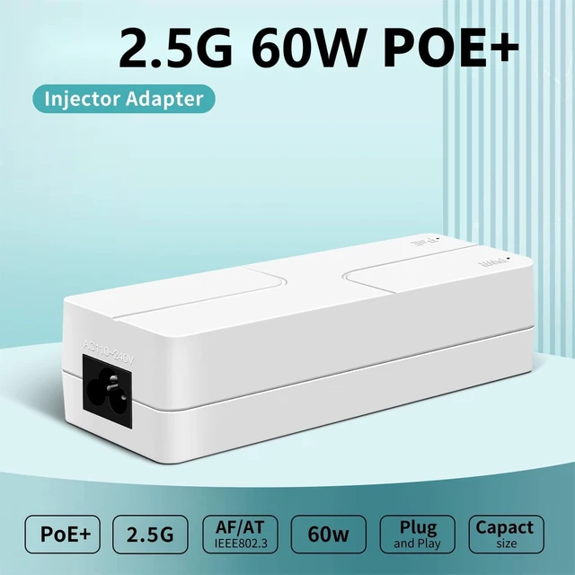 Alt view image 2 of 5 - Davuaz 2.5G PoE Injector Up to 60w Power Supply, PoE Adapter for IP Cameras and IP Phones Network Distance Up to 328 ft. Power Supply IEEE 802.3af/at/bt Supported Plug & Play UL Certified