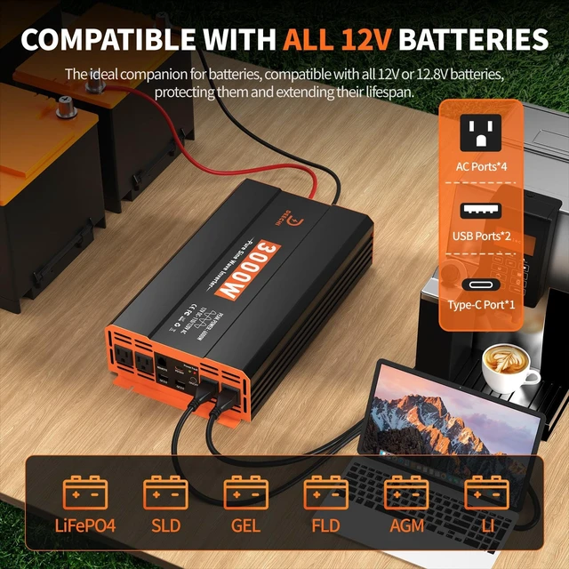 Alt view image 2 of 5 - 3000W Pure Sine Wave Power Inverter 12V DC to 110V/120V AC Car Converter