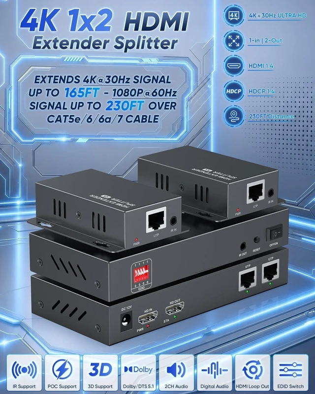 Alt view image 2 of 5 - Elalight 4K 1x2 HDMI Extender Splitter Over CAT5/6/7 Ethernet Cable 165FT
