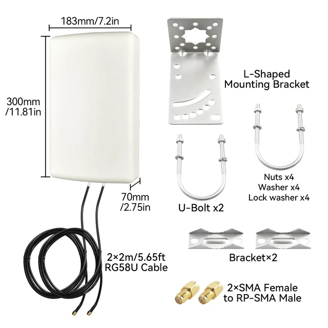 Alt view image 2 of 5 - Boobrie 2x2 MIMO 10dBi High Gain Directional Panel Antenna 4G LTE/5G Antenna Outdoor 700-3800MHz for Routers, Modems, Gateways, Fixed Wireless Access SMA Male 6.56ft RG58U Cables+RP-SMA Male A