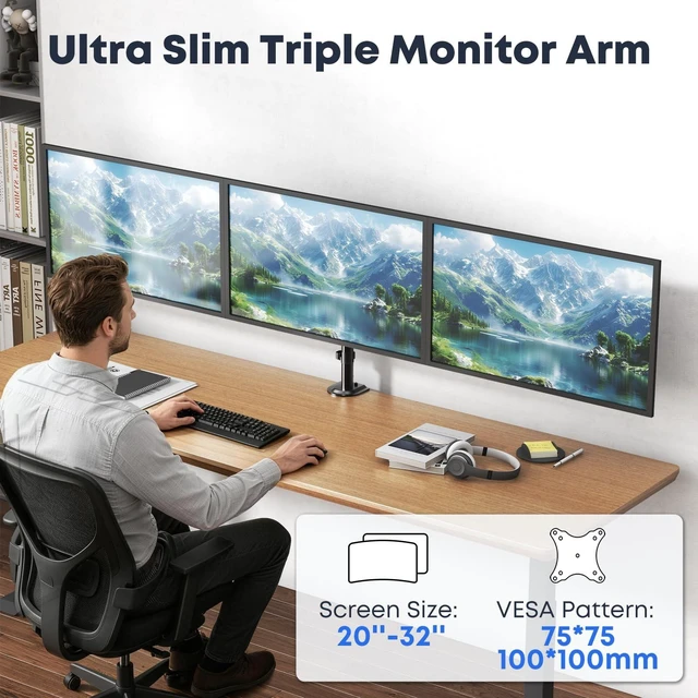 Alt view image 2 of 5 - Triple Monitor Mount for 20"-32" Screens, 19.8 lbs per Arm