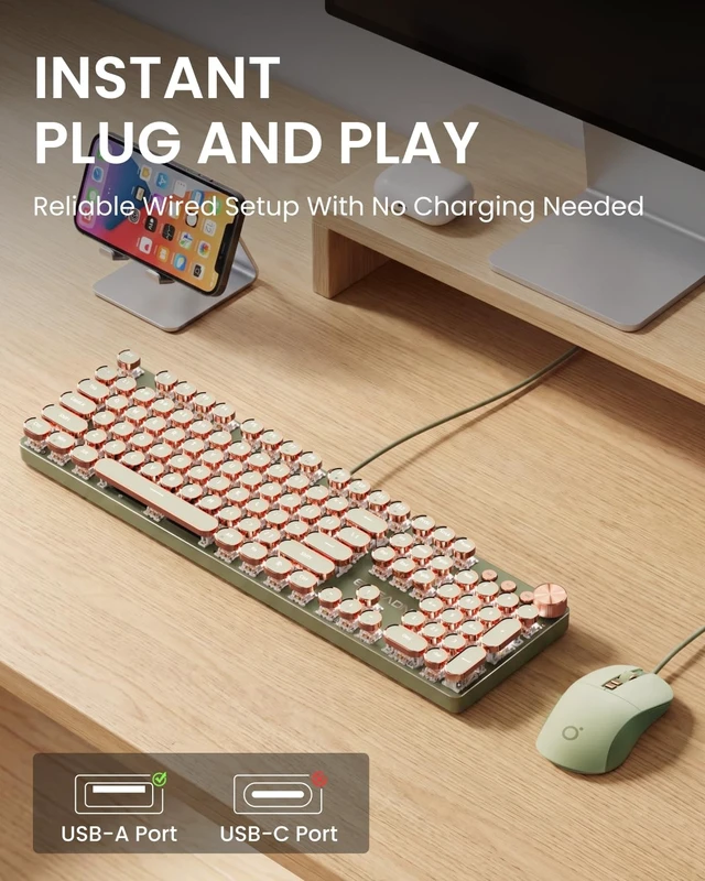 Alt view image 5 of 5 - Wired Typewriter Keyboard and Mouse Combo, White Backlit, Soft Clack, Green