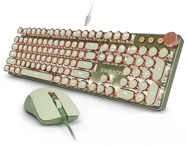 Main image of Wired Typewriter Keyboard and Mouse Combo, White Backlit, Soft Clack, Green