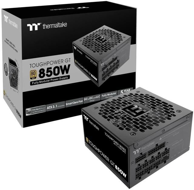 Main image of Thermaltake Toughpower GT 850W ATX 3.1 Standard Power Supply; 80 Plus Gold Efficiency; Smart Zero Fan; Native 450W PCIe 5.1 Connector; PS-TPT-0850FNFAGU-3; 5 Year Warranty