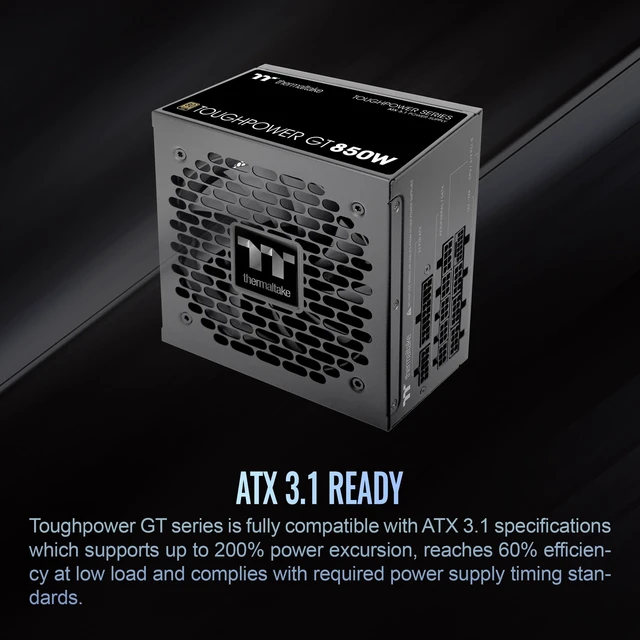 Alt view image 3 of 5 - Thermaltake Toughpower GT 850W ATX 3.1 Standard Power Supply; 80 Plus Gold Efficiency; Smart Zero Fan; Native 450W PCIe 5.1 Connector; PS-TPT-0850FNFAGU-3; 5 Year Warranty