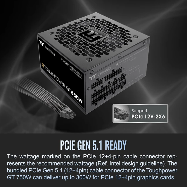 Alt view image 4 of 5 - Thermaltake Toughpower GT 850W ATX 3.1 Standard Power Supply; 80 Plus Gold Efficiency; Smart Zero Fan; Native 450W PCIe 5.1 Connector; PS-TPT-0850FNFAGU-3; 5 Year Warranty
