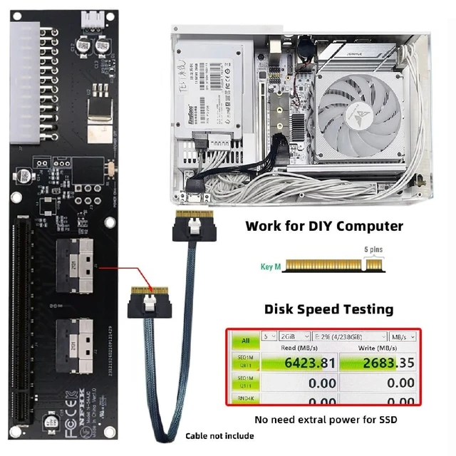 Alt view image 2 of 5 - NFHK Dual Slimline 8X SFF-8654 74Pin VROC to PCIE PCI-Express 16x Adapter with ATX 24Pin Power Switch Port