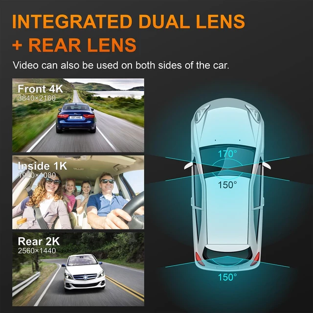 Alt view image 2 of 5 - 3 Channel Dash Cam, 4K+1080P+1440P Front Inside and Rear Car Camera, Free 128G Card, Triple Dash Camera Built-in WiFi GPS, HDR Night Vision, G Sensor, 170 Wide Angle, 24H Parking Mode