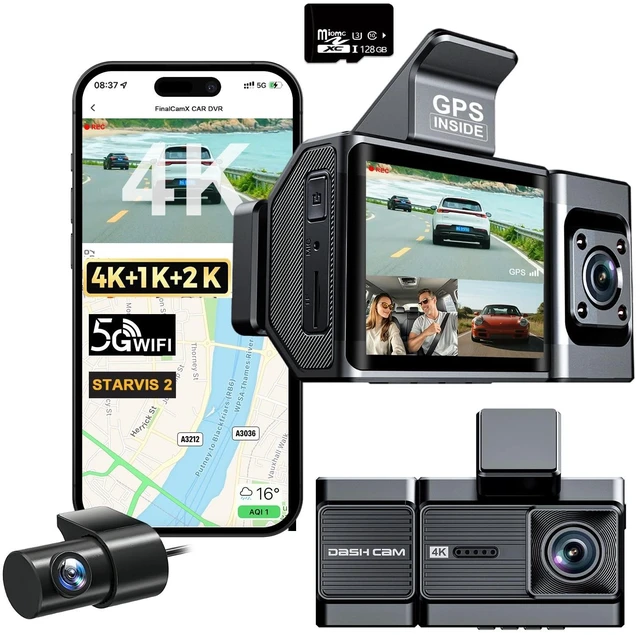 Main image of 3 Channel Dash Cam, 4K+1080P+1440P Front Inside and Rear Car Camera, Free 128G Card, Triple Dash Camera Built-in WiFi GPS, HDR Night Vision, G Sensor, 170 Wide Angle, 24H Parking Mode