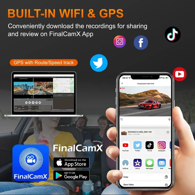 Alt view image 4 of 5 - 3 Channel Dash Cam, 4K+1080P+1440P Front Inside and Rear Car Camera, Free 128G Card, Triple Dash Camera Built-in WiFi GPS, HDR Night Vision, G Sensor, 170 Wide Angle, 24H Parking Mode