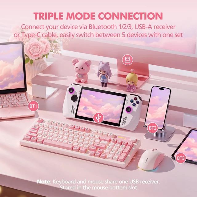Alt view image 2 of 5 - Pink Wireless Keyboard and Mouse Combo Creamy with Number Pad for Desktop Mac iPad Bluetooth/2.4ghz/Wired Rechargeable Light up RGB Quiet Compatible with PC Laptop Tablet (Pink)