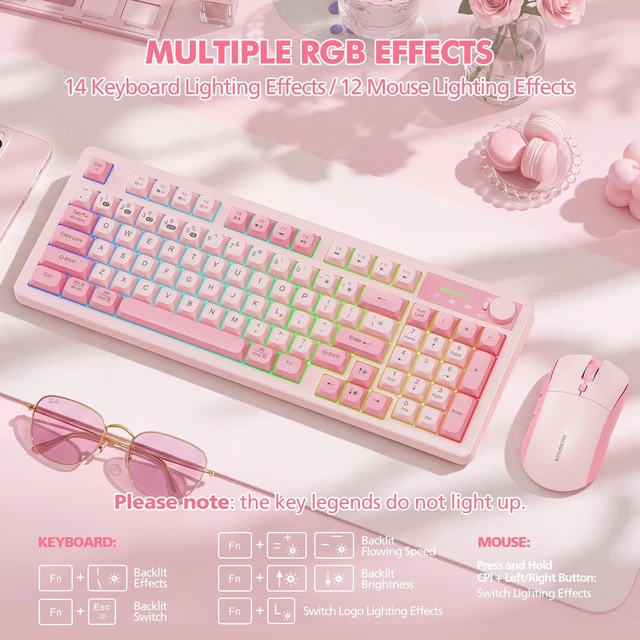 Alt view image 3 of 5 - Pink Wireless Keyboard and Mouse Combo Creamy with Number Pad for Desktop Mac iPad Bluetooth/2.4ghz/Wired Rechargeable Light up RGB Quiet Compatible with PC Laptop Tablet (Pink)