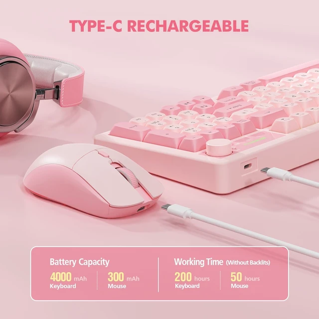 Alt view image 4 of 5 - Pink Wireless Keyboard and Mouse Combo Creamy with Number Pad for Desktop Mac iPad Bluetooth/2.4ghz/Wired Rechargeable Light up RGB Quiet Compatible with PC Laptop Tablet (Pink)