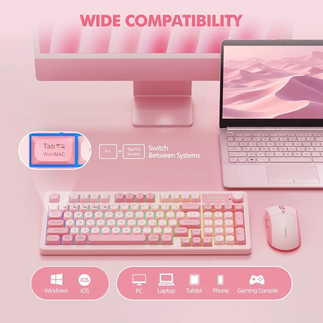 Alt view image 5 of 5 - Pink Wireless Keyboard and Mouse Combo Creamy with Number Pad for Desktop Mac iPad Bluetooth/2.4ghz/Wired Rechargeable Light up RGB Quiet Compatible with PC Laptop Tablet (Pink)