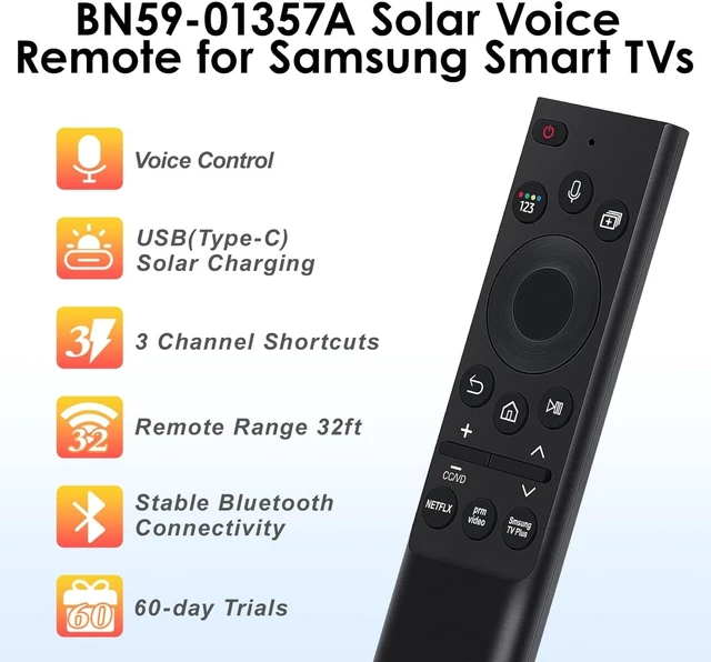 Alt view image 2 of 5 - Solar Rechargeable Remote Control Replacement for Samsung Smart TVs BN59-01357A Neo QLED Frame Smart 4K 8K Ultra HD TV, Voice Function, USB-C Charging