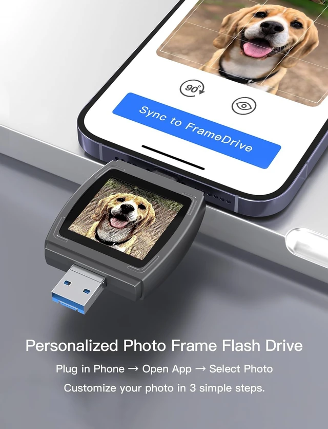 Alt view image 2 of 5 - FrameDrive Color E-Ink OTG USB3.2 Flash Drive, Dual USB-A & Type-C Flash Drive with Rotating Stand, Personal Desktop Digital Photo Frame, Sync Photos via App for iPhone/Android/Tablet (64G) (64, GB)