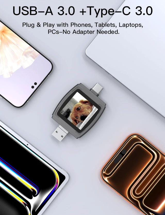 Alt view image 3 of 5 - FrameDrive Color E-Ink OTG USB3.2 Flash Drive, Dual USB-A & Type-C Flash Drive with Rotating Stand, Personal Desktop Digital Photo Frame, Sync Photos via App for iPhone/Android/Tablet (64G) (64, GB)