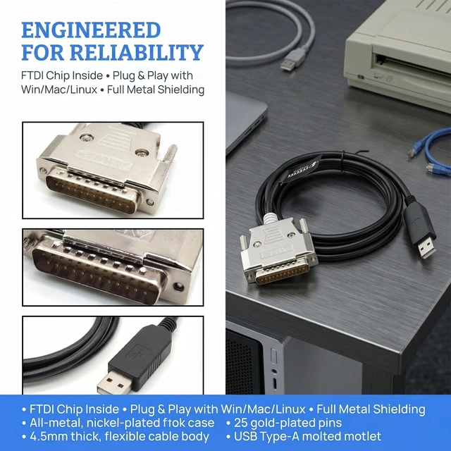 Alt view image 4 of 5 - GXMRHWY USB to DB25 Parallel Printer Cable with FTDI Chip,USB Male to DB25 Male Serial Port Cable, Compatible with Windows,Vista, Linux, MacOS Systems (3 Meter)