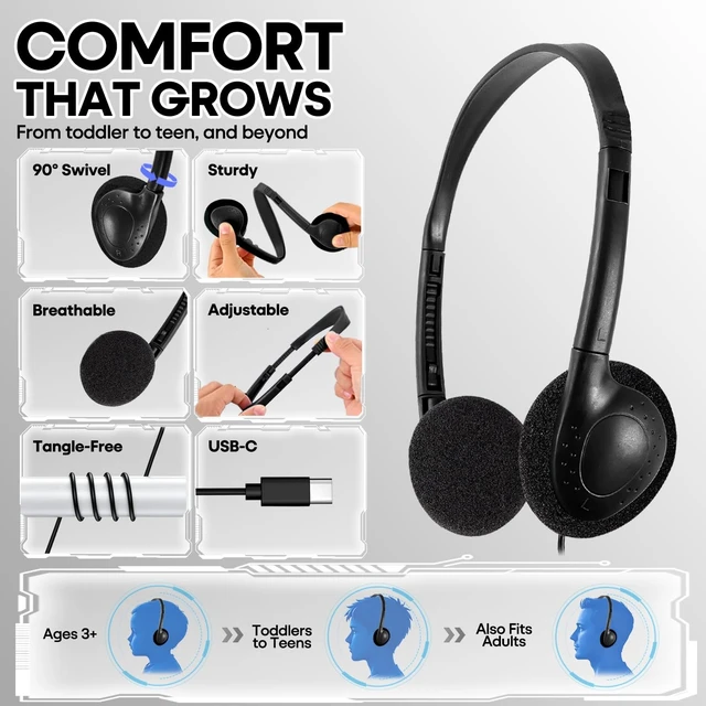 Alt view image 3 of 5 - Wensdo USB-C Classroom Headphones Bulk 50 Pack Durable On-Ear Headset for Students K-12 Schools, USB Type-C Plug Compatible with Chromebook Laptop PC Tablet Smartphones (HY857C, 50 Black)