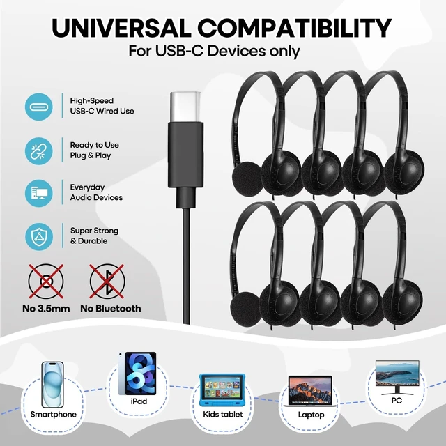 Alt view image 5 of 5 - Wensdo USB-C Classroom Headphones Bulk 50 Pack Durable On-Ear Headset for Students K-12 Schools, USB Type-C Plug Compatible with Chromebook Laptop PC Tablet Smartphones (HY857C, 50 Black)