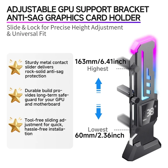 Alt view image 4 of 5 - GSCOLER ARGB GPU Support Bracket with CPU & GPU Temp/Usage Display, Adjustable Height GPU Sag Bracket with Magnet & Non-Slip Base for Video Card, Universal Graphics Card Support, 5V3PIN RGB GPU Brace