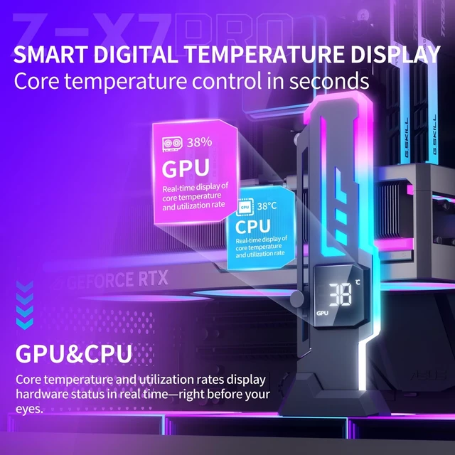 Alt view image 2 of 5 - GSCOLER ARGB GPU Support Bracket with CPU & GPU Temp/Usage Display, Adjustable Height GPU Sag Bracket with Magnet & Non-Slip Base for Video Card, Universal Graphics Card Support, 5V3PIN RGB GPU Brace