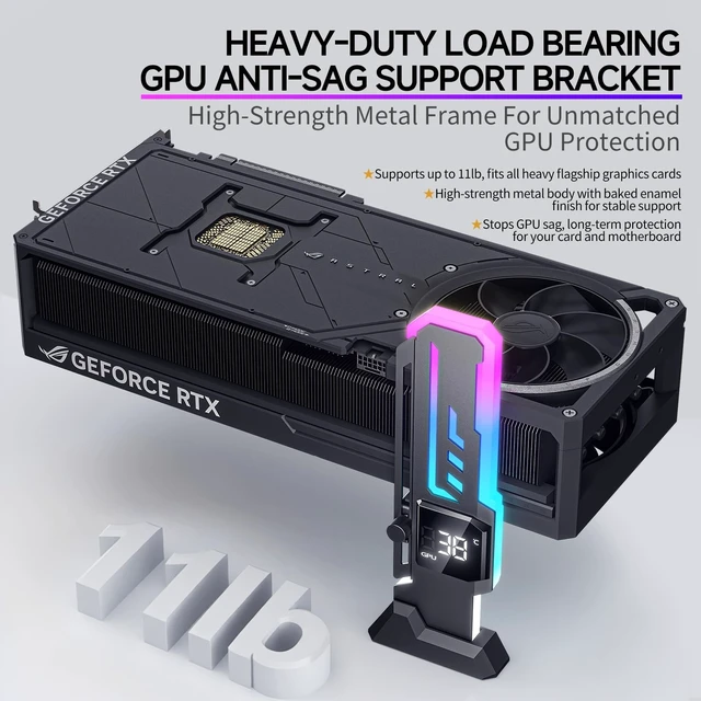 Alt view image 3 of 5 - GSCOLER ARGB GPU Support Bracket with CPU & GPU Temp/Usage Display, Adjustable Height GPU Sag Bracket with Magnet & Non-Slip Base for Video Card, Universal Graphics Card Support, 5V3PIN RGB GPU Brace