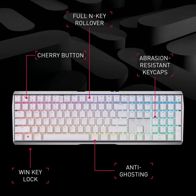 Alt view image 2 of 5 - Cherry MX 3.0S Wireless, Mechanical Gaming Keyboard, Bluetooth, 2.4 GHz & Wired Mode, RGB Lighting, Aluminum Housing, Rechargeable, MX RED Switches, White
